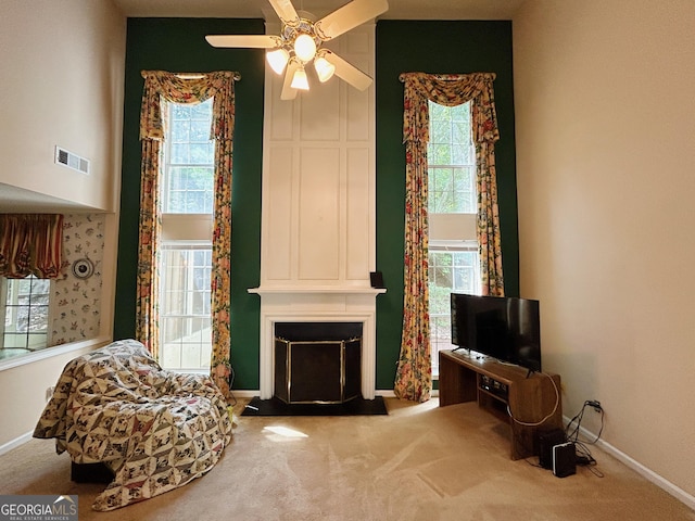 5190 Bankside Way, Peachtree Corners, GA 30092 - sitting room with carpet flooring, a fireplace, and ceiling fan