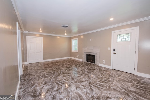 5763 Houston Rd, Macon, GA 31216 - unfurnished living room featuring crown molding, a fireplace, marble finish floors, and recessed lighting