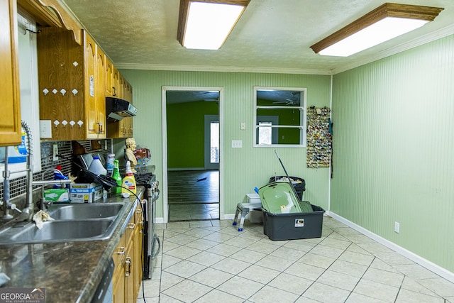 83 Manning Lake Rd SW, Rome, GA 30165 - kitchen with ornamental molding, under cabinet range hood, light tile patterned floors, dark countertops, and dishwashing machine