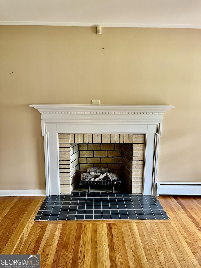 201 Glen Iris Dr, Monroe, GA 30655 - detailed view of a baseboard radiator, a fireplace, and wood finished floors