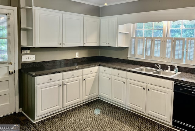 201 Glen Iris Dr, Monroe, GA 30655 - kitchen featuring open shelves, black dishwasher, white cabinets, ornamental molding, and dark countertops