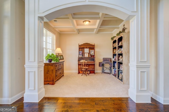 312 Relative Trl, Mcdonough, GA 30253 - sitting room featuring arched walkways, hardwood / wood-style floors, beamed ceiling, coffered ceiling, and ornamental molding