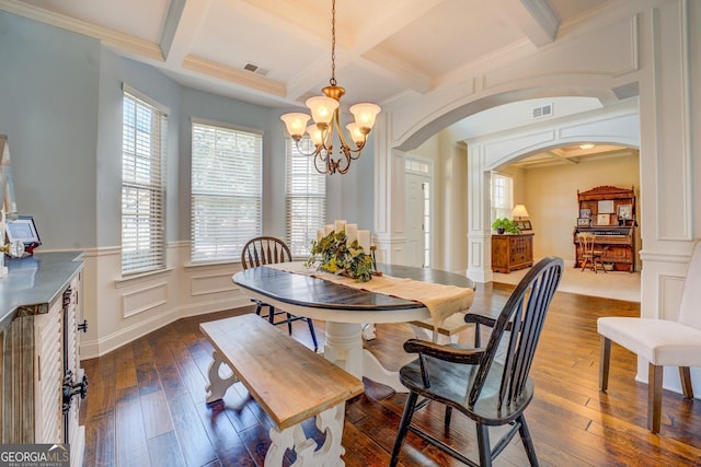 312 Relative Trl, Mcdonough, GA 30253 - dining room featuring coffered ceiling, a chandelier, dark wood finished floors, arched walkways, and beam ceiling