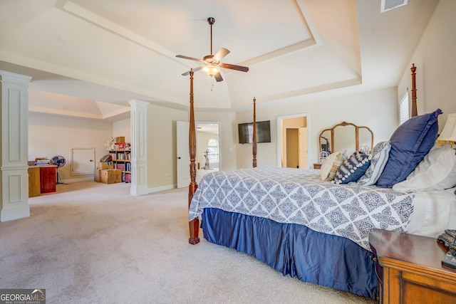 312 Relative Trl, Mcdonough, GA 30253 - bedroom with decorative columns, a raised ceiling, light colored carpet, and a ceiling fan
