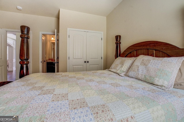 312 Relative Trl, Mcdonough, GA 30253 - bedroom featuring a closet, ensuite bathroom, and lofted ceiling