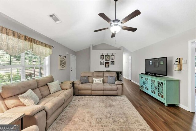 1050 Birdseye Vw, Locust Grove, GA 30248 - living area with a ceiling fan, dark wood-style floors, and lofted ceiling