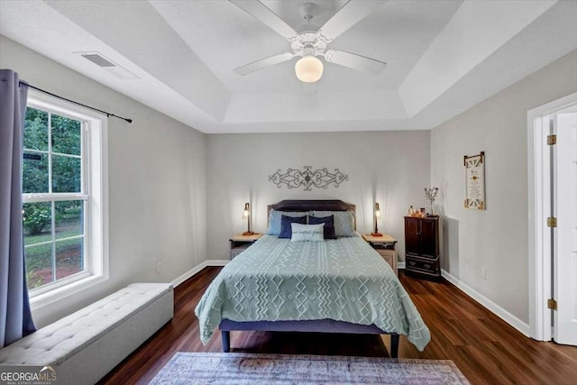 1050 Birdseye Vw, Locust Grove, GA 30248 - bedroom with a raised ceiling, wood finished floors, and a ceiling fan