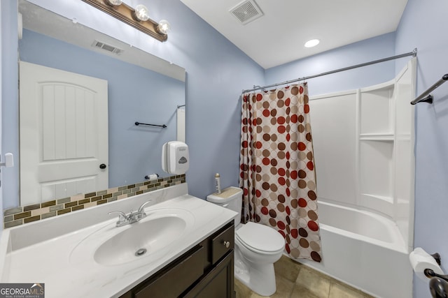 226 Creek View Ln, Acworth, GA 30102 - full bath with vanity, shower / tub combo with curtain, tasteful backsplash, and tile patterned floors