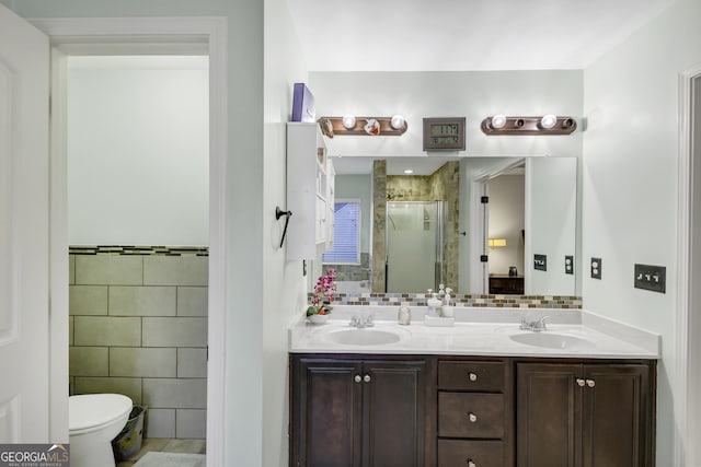 226 Creek View Ln, Acworth, GA 30102 - bathroom featuring tile walls, a shower stall, and double vanity