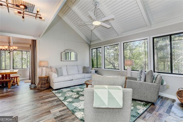 125 Wolfscratch, Big Canoe, GA 30143 - living area featuring a chandelier, a ceiling fan, wood finished floors, beam ceiling, and high vaulted ceiling