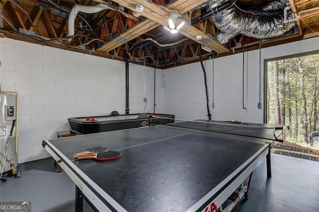 125 Wolfscratch, Big Canoe, GA 30143 - rec room with concrete floors, water heater, and concrete block wall