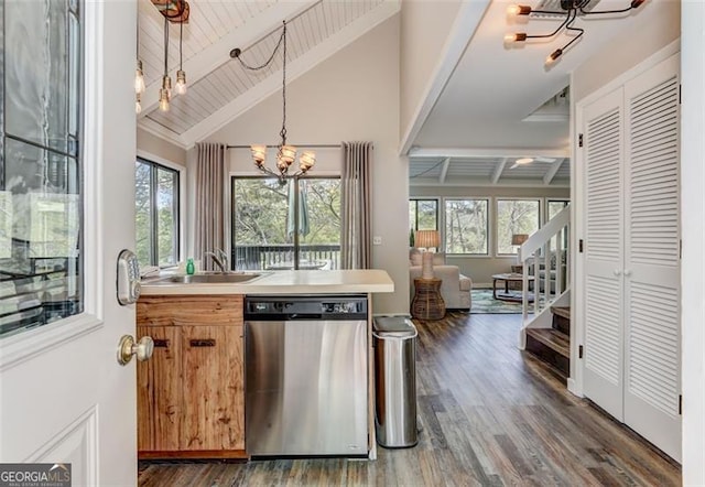 125 Wolfscratch, Big Canoe, GA 30143 - kitchen with dishwasher, a chandelier, beam ceiling, healthy amount of natural light, and dark wood finished floors
