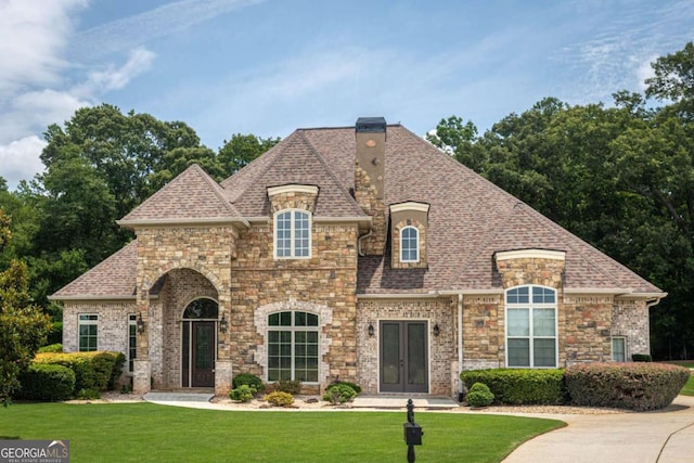 1811 Traditions Way, Jefferson, GA 30549 - french country home featuring french doors, a front yard, a chimney, and a shingled roof