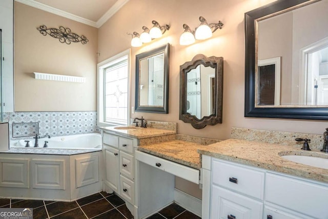 1811 Traditions Way, Jefferson, GA 30549 - bathroom featuring ornamental molding, two vanities, tile patterned floors, and a garden tub