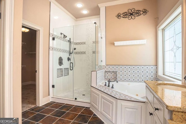 1811 Traditions Way, Jefferson, GA 30549 - bathroom featuring a shower stall, a tub with jets, tile patterned flooring, and vanity