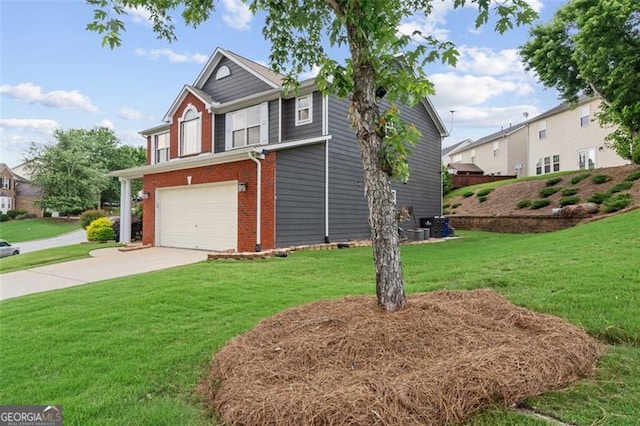 1657 Bradmere Ln, Lithia Springs, GA 30122 - view of front of home with brick siding, a garage, a front lawn, and concrete driveway