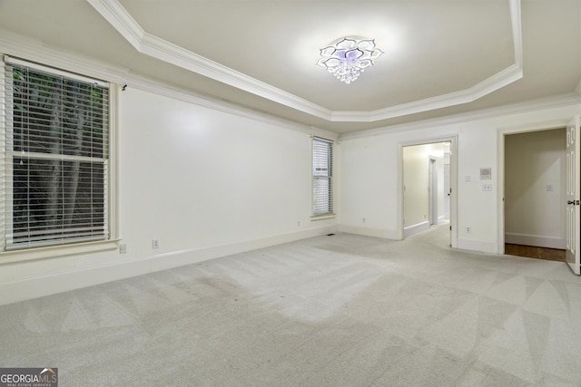 3450 Merganser Ln, Alpharetta, GA 30022 - spare room featuring a tray ceiling, ornamental molding, and light colored carpet