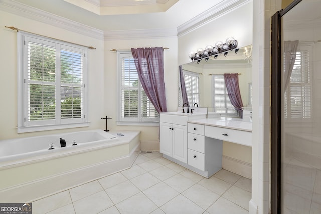 3450 Merganser Ln, Alpharetta, GA 30022 - bathroom with plenty of natural light, vanity, a bath, tile patterned flooring, and ornamental molding