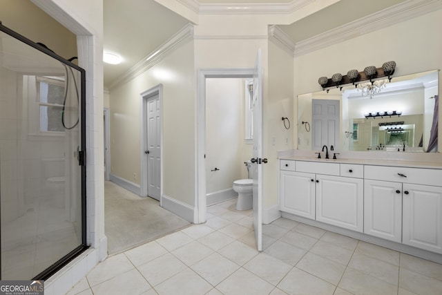 3450 Merganser Ln, Alpharetta, GA 30022 - full bathroom featuring a shower stall, vanity, ornamental molding, and tile patterned floors