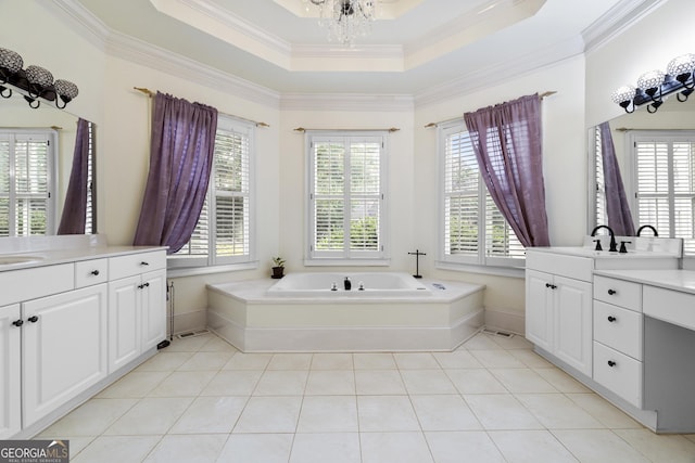 3450 Merganser Ln, Alpharetta, GA 30022 - bathroom with two vanities, crown molding, a garden tub, tile patterned floors, and a tray ceiling