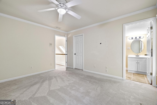 3450 Merganser Ln, Alpharetta, GA 30022 - unfurnished bedroom with crown molding, light carpet, ensuite bathroom, and a ceiling fan