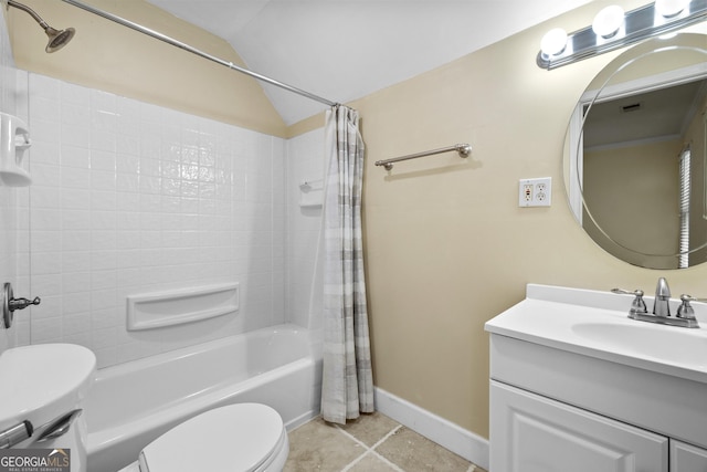 3450 Merganser Ln, Alpharetta, GA 30022 - bathroom with shower / tub combo, vanity, tile patterned flooring, and lofted ceiling