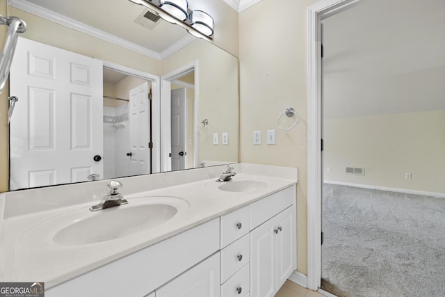 3450 Merganser Ln, Alpharetta, GA 30022 - bathroom featuring double vanity, ornamental molding, and a shower