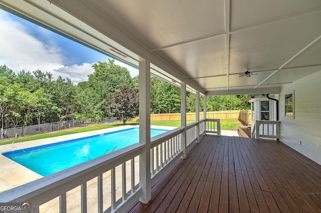 858 Pates Creek Rd, Stockbridge, GA 30281 - wooden terrace with a fenced backyard and ceiling fan