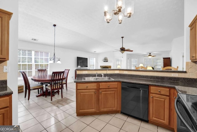 5565 Ashmoore Ct, Flowery Branch, GA 30542 - kitchen featuring black dishwasher, a chandelier, dark countertops, and ceiling fan