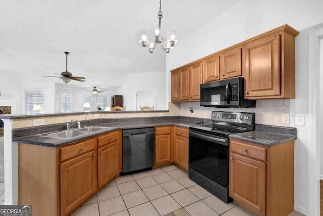 5565 Ashmoore Ct, Flowery Branch, GA 30542 - kitchen featuring dishwashing machine, stainless steel electric range, black microwave, a peninsula, and a ceiling fan