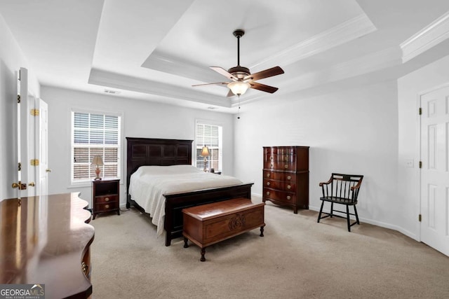 5565 Ashmoore Ct, Flowery Branch, GA 30542 - carpeted bedroom with a tray ceiling, crown molding, and ceiling fan