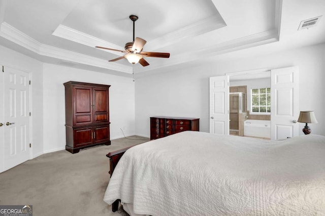 5565 Ashmoore Ct, Flowery Branch, GA 30542 - bedroom featuring a raised ceiling, crown molding, light colored carpet, and ceiling fan