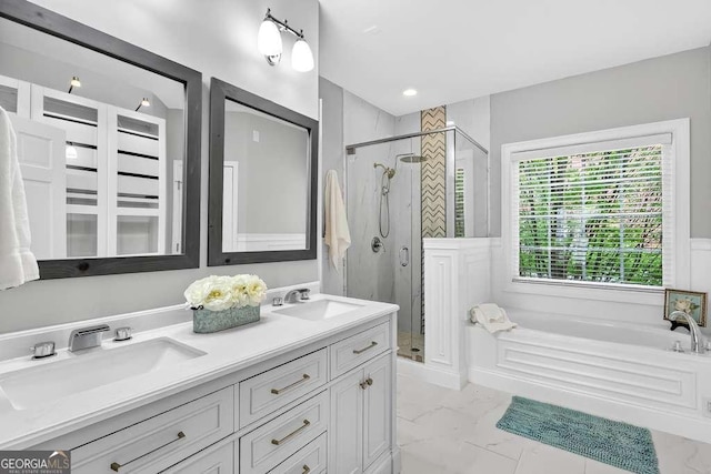 3541 Roswell Rd NE Unit 21, Atlanta, GA 30305 - bathroom with a garden tub, a stall shower, marble look tile flooring, and double vanity