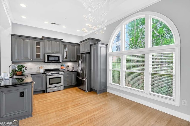 3541 Roswell Rd NE Unit 21, Atlanta, GA 30305 - kitchen with stainless steel appliances, gray cabinets, dark countertops, backsplash, and recessed lighting