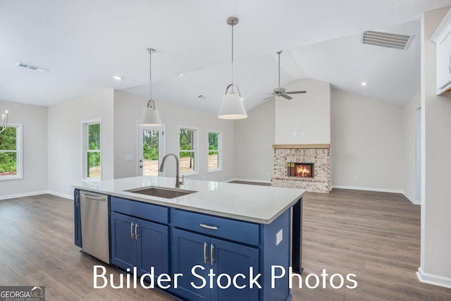 LOT6 The Rock Rd, Thomaston, GA 30286 - kitchen with blue cabinetry, dishwasher, open floor plan, dark wood-style floors, and lofted ceiling