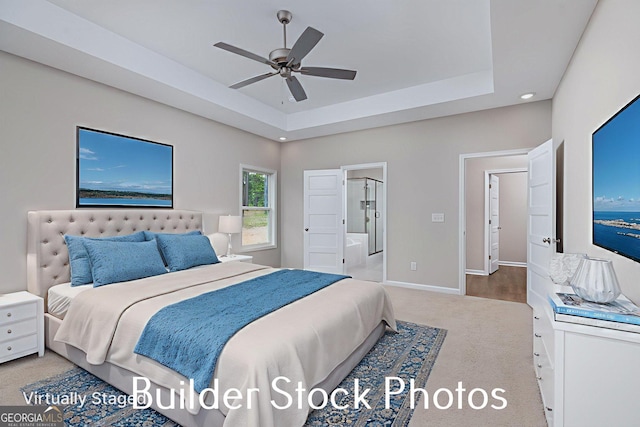 LOT6 The Rock Rd, Thomaston, GA 30286 - carpeted bedroom featuring a tray ceiling, ceiling fan, recessed lighting, and ensuite bath