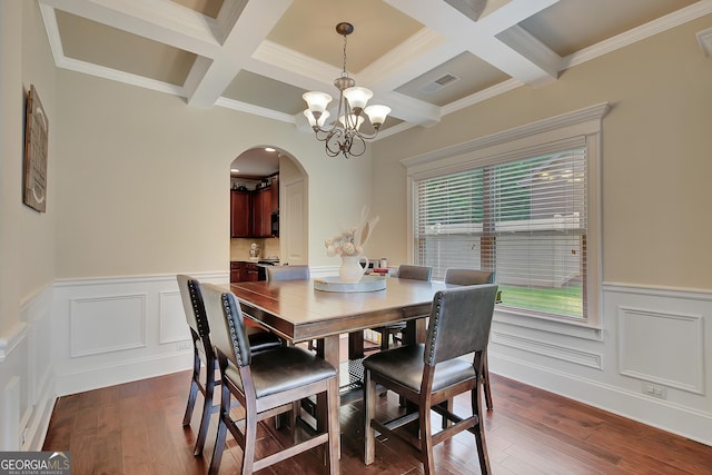 108 Village Pl, Newnan, GA 30265 - dining room featuring arched walkways, a chandelier, coffered ceiling, dark wood-type flooring, and beamed ceiling