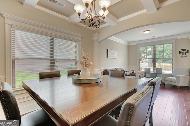108 Village Pl, Newnan, GA 30265 - dining space featuring a chandelier, arched walkways, beamed ceiling, crown molding, and a wainscoted wall