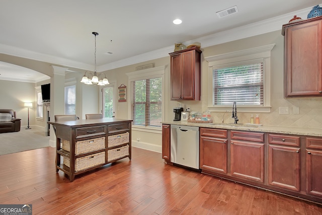 108 Village Pl, Newnan, GA 30265 - kitchen featuring stainless steel dishwasher, arched walkways, light wood-style floors, open floor plan, and ornamental molding