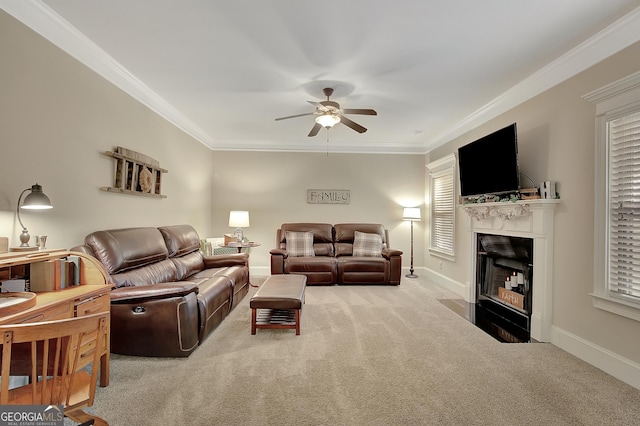 108 Village Pl, Newnan, GA 30265 - carpeted living room featuring a ceiling fan, crown molding, and a fireplace with flush hearth