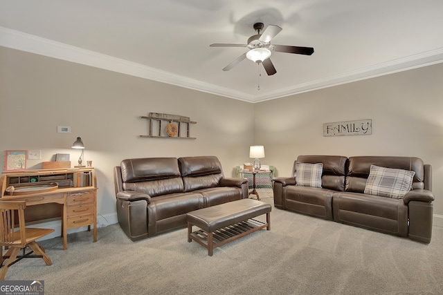 108 Village Pl, Newnan, GA 30265 - carpeted living area with crown molding, a ceiling fan, and a desk