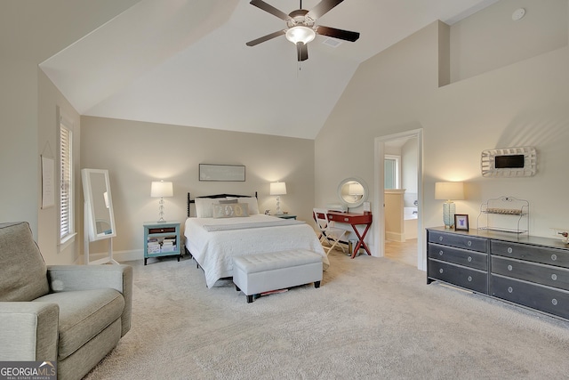 108 Village Pl, Newnan, GA 30265 - carpeted bedroom with vaulted ceiling and ceiling fan