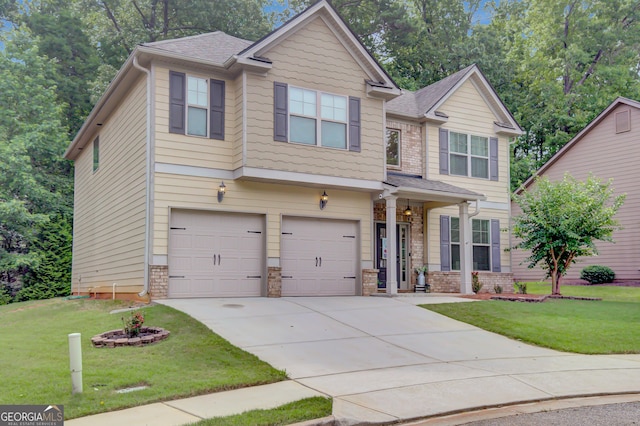 108 Village Pl, Newnan, GA 30265 - craftsman-style house with concrete driveway, a garage, a front yard, and a shingled roof