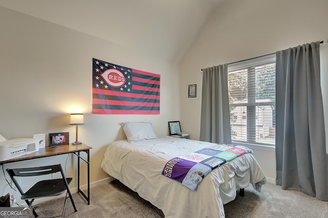 108 Village Pl, Newnan, GA 30265 - bedroom featuring carpet, multiple windows, and vaulted ceiling
