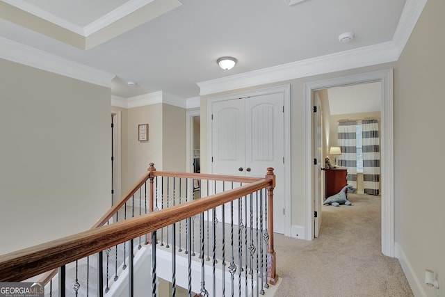 108 Village Pl, Newnan, GA 30265 - corridor with an upstairs landing, light carpet, and ornamental molding