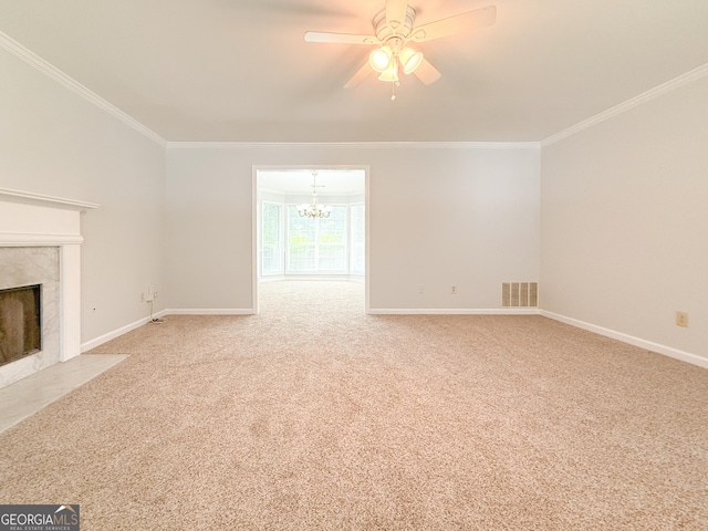 5156 Allison Way, Sugar Hill, GA 30518 - unfurnished living room featuring ornamental molding, a chandelier, carpet flooring, a premium fireplace, and a ceiling fan