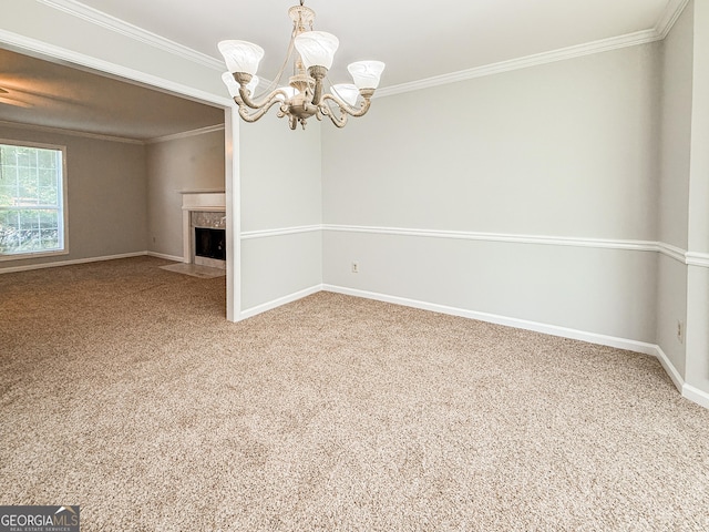 5156 Allison Way, Sugar Hill, GA 30518 - carpeted empty room with crown molding, a chandelier, and a fireplace with flush hearth