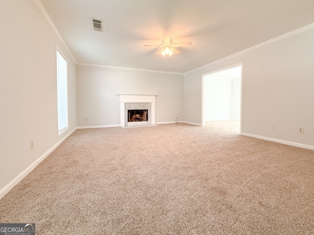 5156 Allison Way, Sugar Hill, GA 30518 - unfurnished living room featuring ceiling fan, carpet floors, crown molding, and a high end fireplace