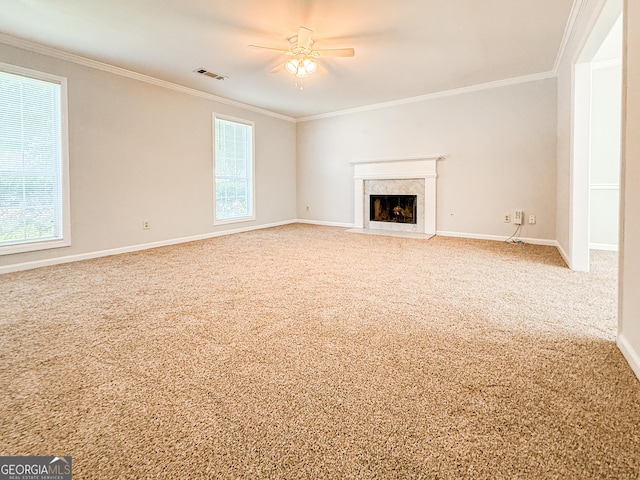 5156 Allison Way, Sugar Hill, GA 30518 - unfurnished living room featuring ornamental molding, a ceiling fan, carpet, and a fireplace