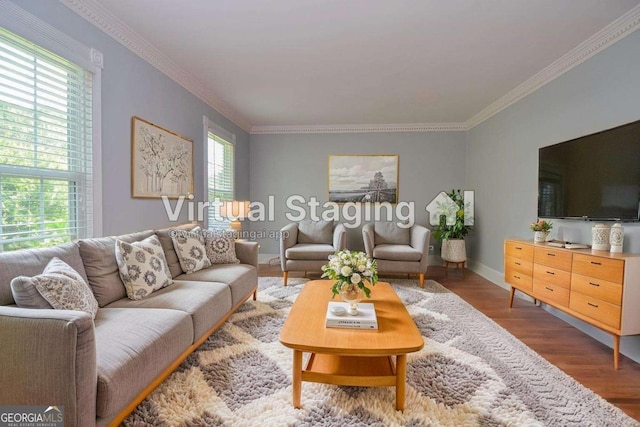 4714 Marc Ct SW, Lilburn, GA 30047 - living area featuring wood finished floors and crown molding